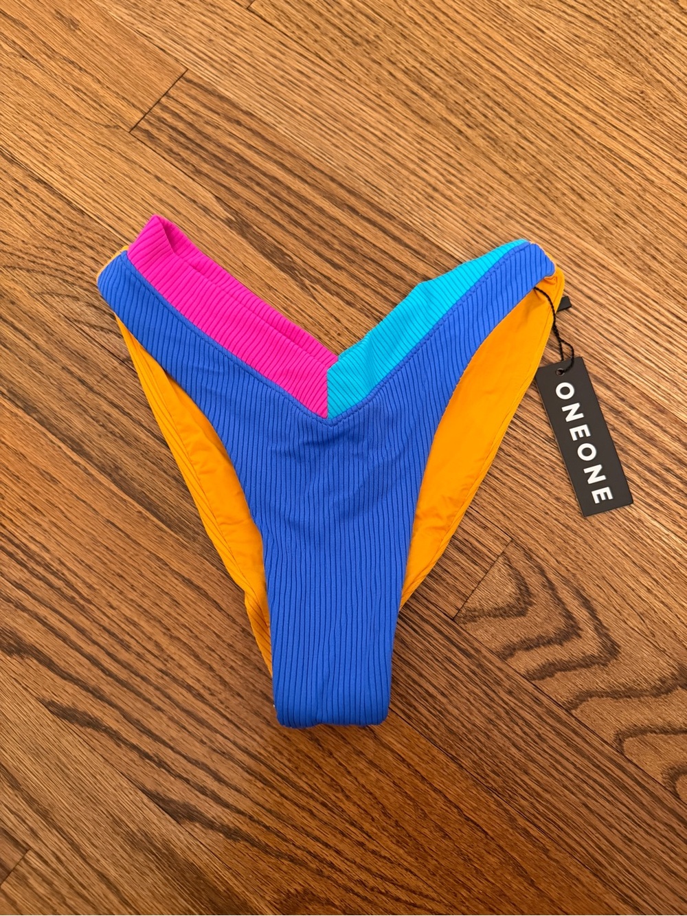 ONEONE Colorblock Ribbed V‑Cut Bikini Bottom - Blue/Pink/Teal/Orange